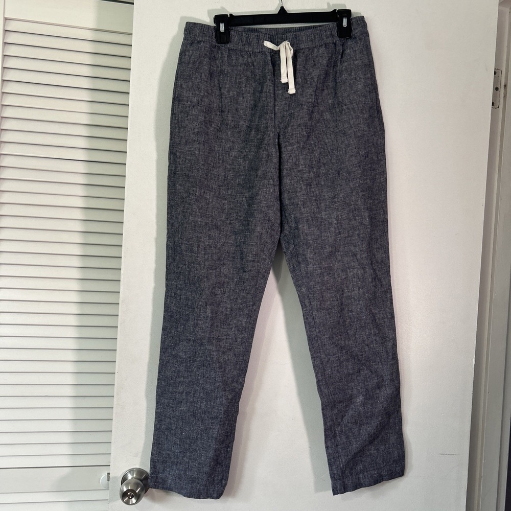 Mens Navy Blue Linen Blend Drawstring Elastic Waist Straight Leg Pants Size M